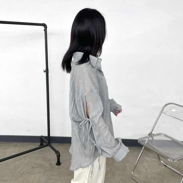 袖リボンシアーシャツ