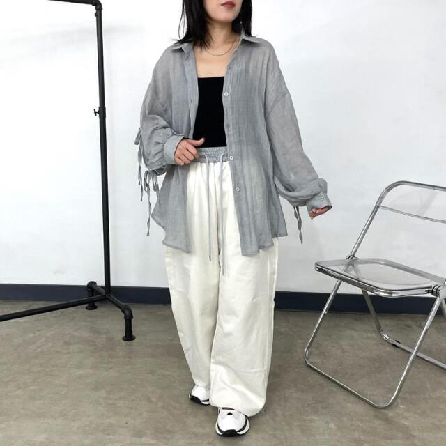 袖リボンシアーシャツ