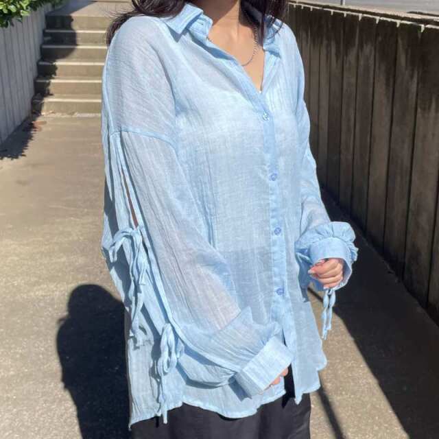 袖リボンシアーシャツ