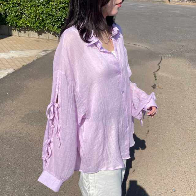 袖リボンシアーシャツ