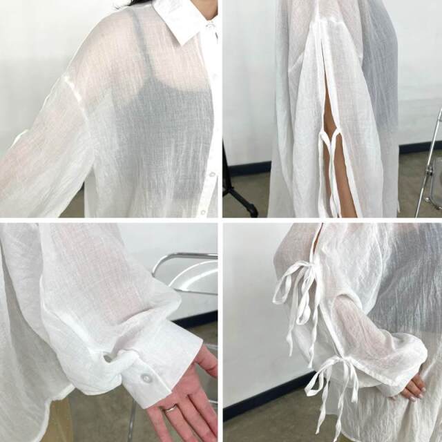 袖リボンシアーシャツ