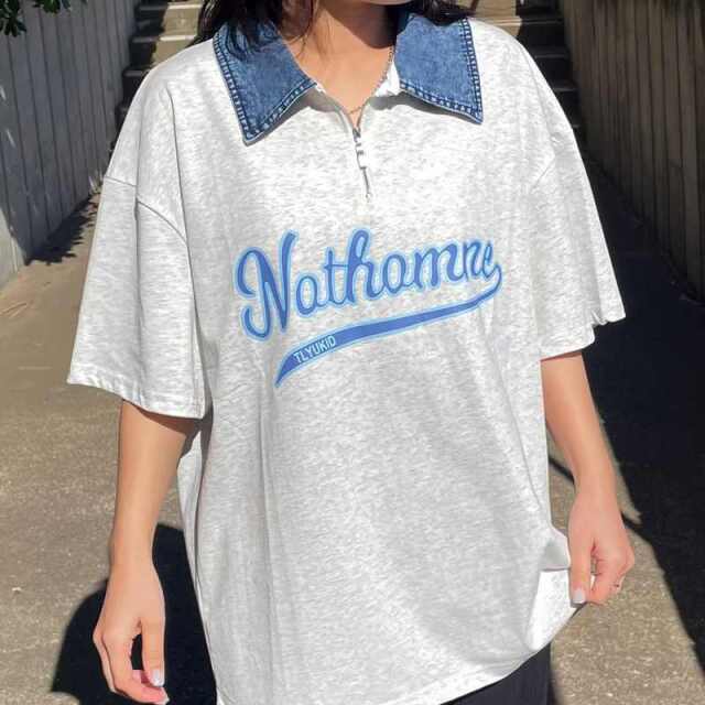 襟デニムハーフジップロゴTシャツ