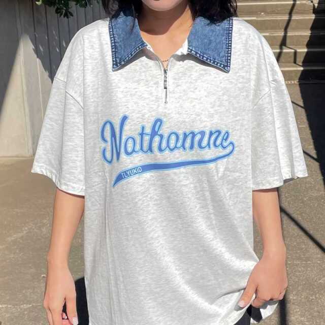 襟デニムハーフジップロゴTシャツ