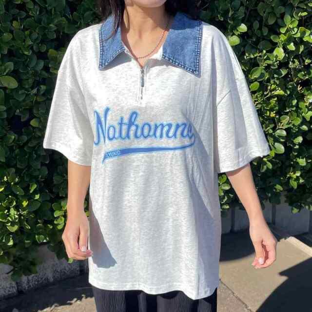 襟デニムハーフジップロゴTシャツ