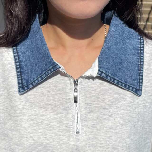 襟デニムハーフジップロゴTシャツ