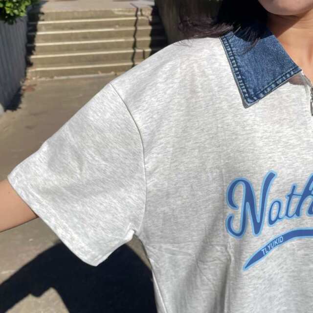 襟デニムハーフジップロゴTシャツ