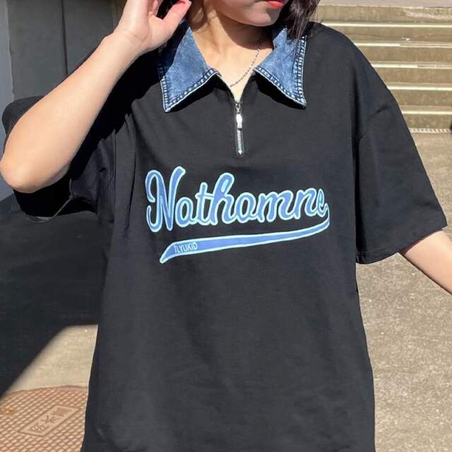 襟デニムハーフジップロゴTシャツ