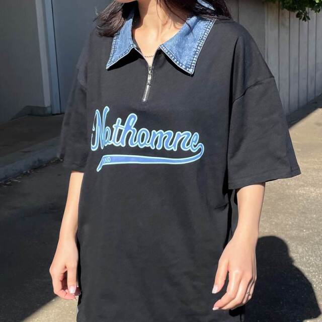 襟デニムハーフジップロゴTシャツ