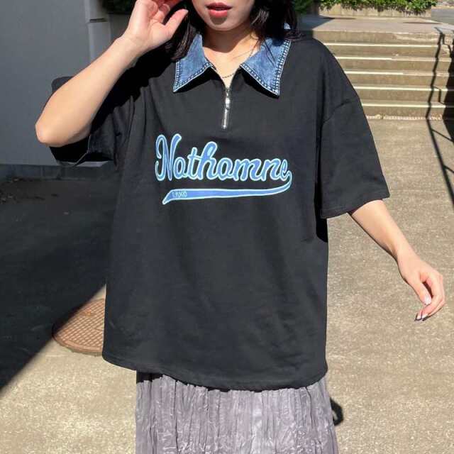 襟デニムハーフジップロゴTシャツ