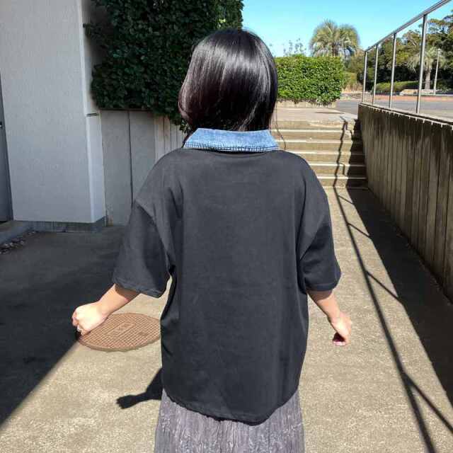 襟デニムハーフジップロゴTシャツ
