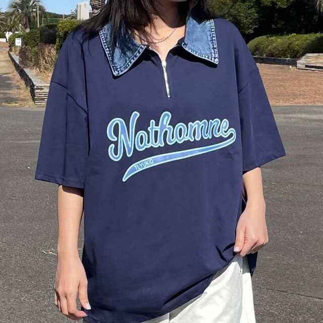 襟デニムハーフジップロゴTシャツ