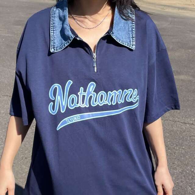 襟デニムハーフジップロゴTシャツ