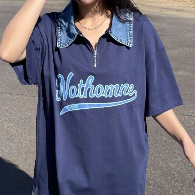 襟デニムハーフジップロゴTシャツ