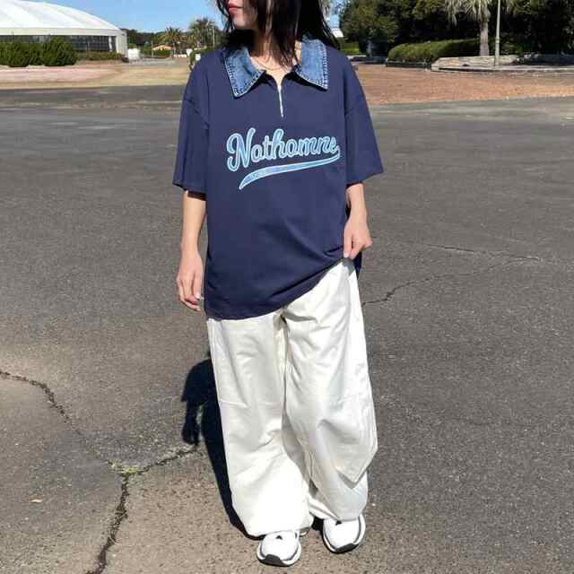 襟デニムハーフジップロゴTシャツ