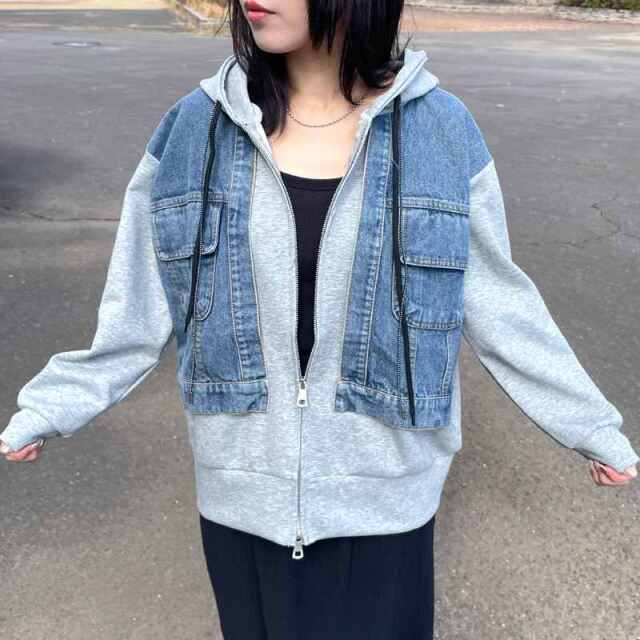デニム切替WZIPパーカー