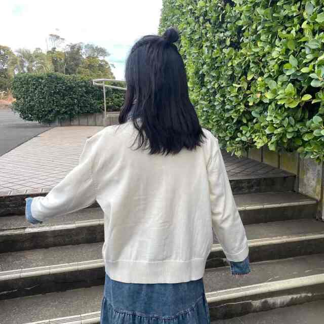 襟デニム切替ニットカーディガン