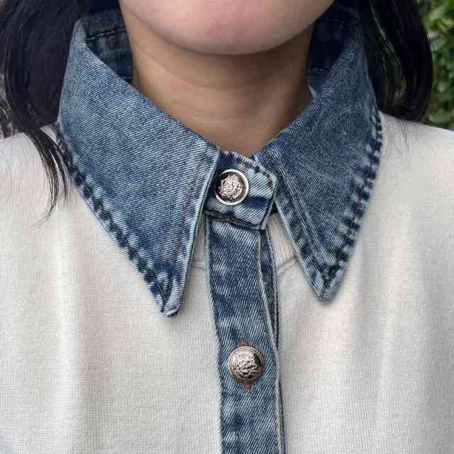 襟デニム切替ニットカーディガン