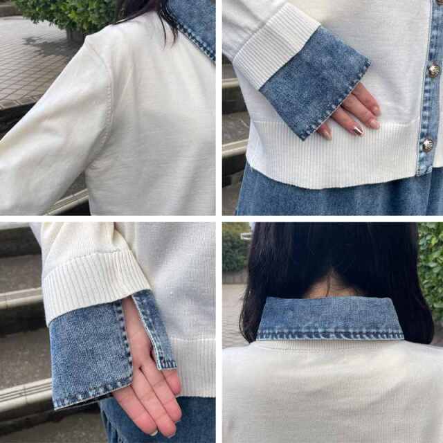 襟デニム切替ニットカーディガン