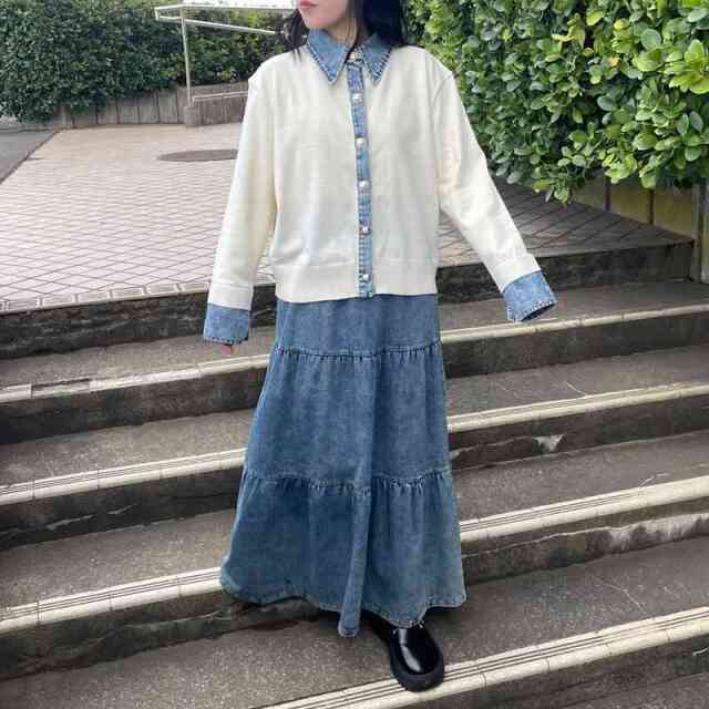 襟デニム切替ニットカーディガン