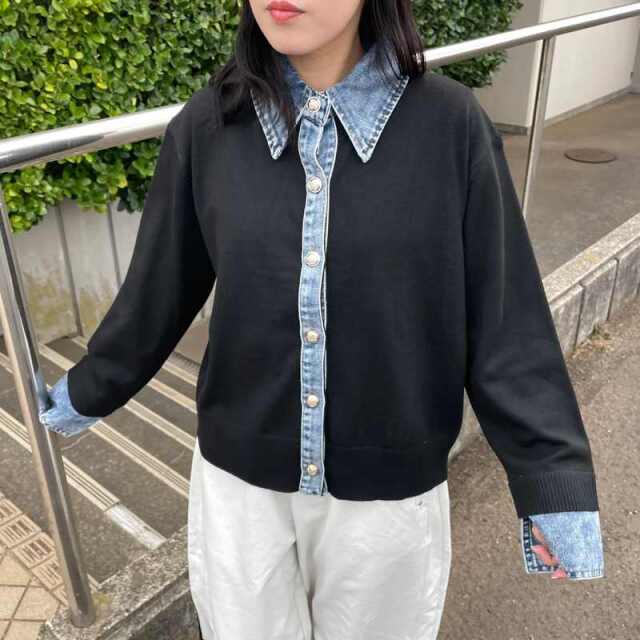 襟デニム切替ニットカーディガン