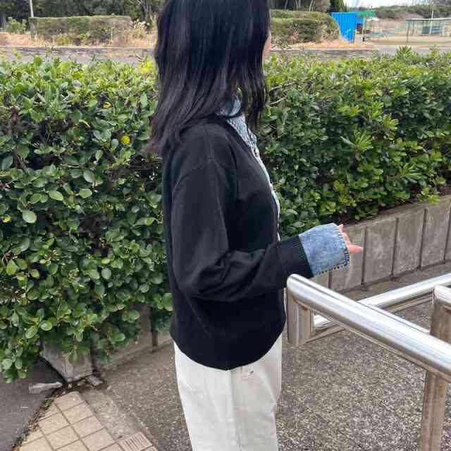 襟デニム切替ニットカーディガン