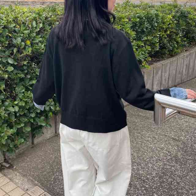 襟デニム切替ニットカーディガン