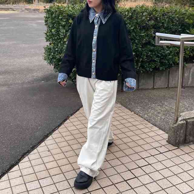襟デニム切替ニットカーディガン