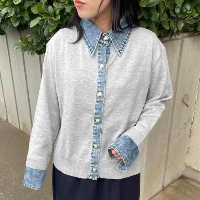 襟デニム切替ニットカーディガン