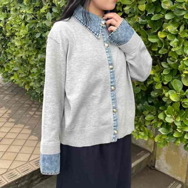 襟デニム切替ニットカーディガン
