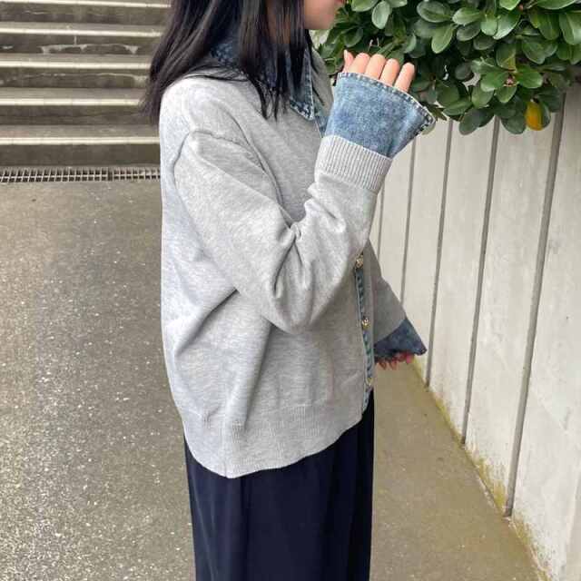 襟デニム切替ニットカーディガン