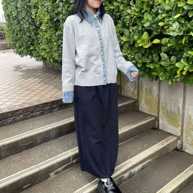 襟デニム切替ニットカーディガン