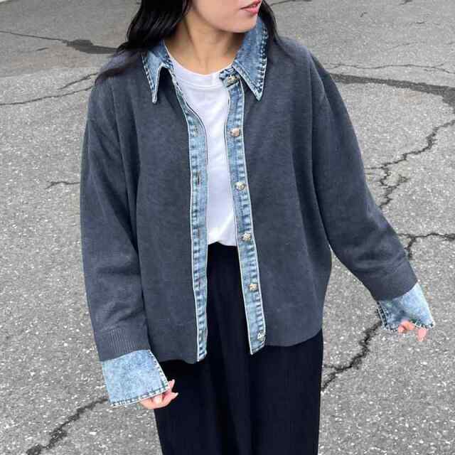 襟デニム切替ニットカーディガン