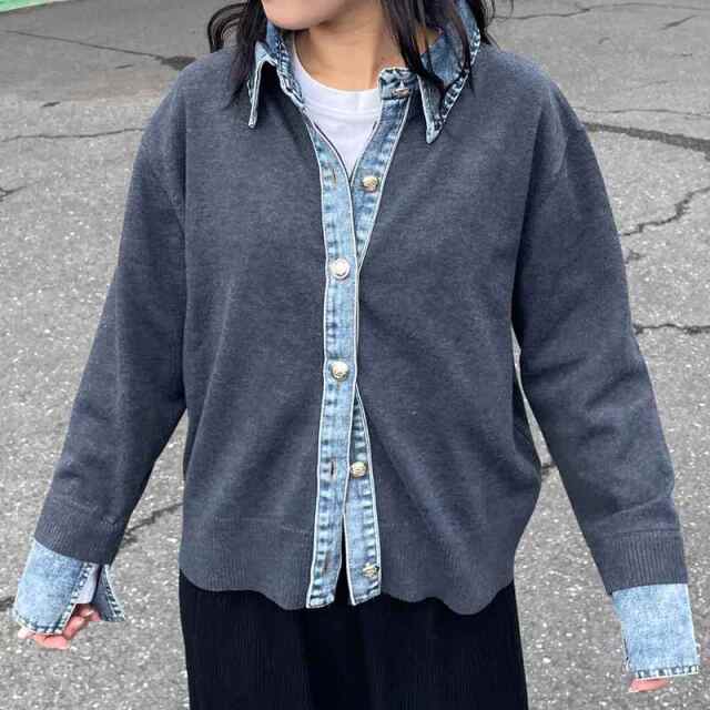 襟デニム切替ニットカーディガン