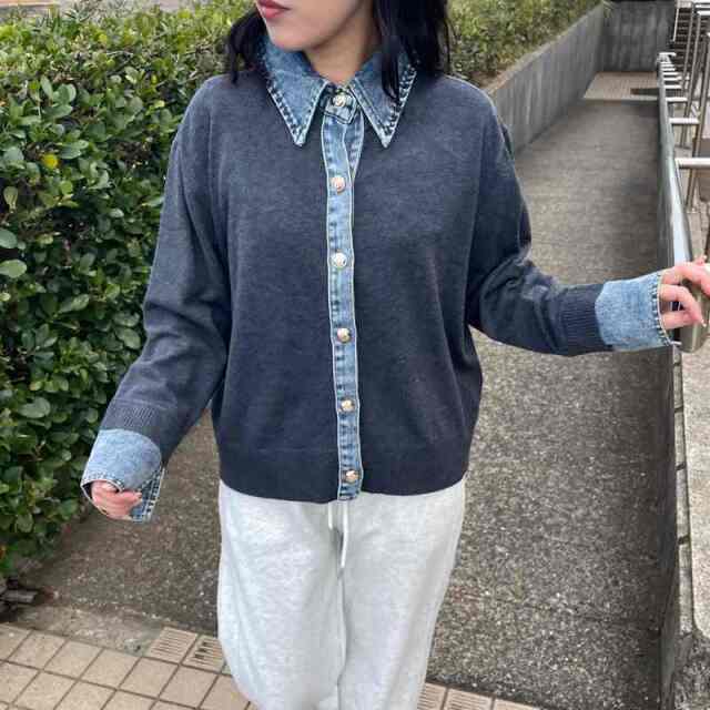 襟デニム切替ニットカーディガン