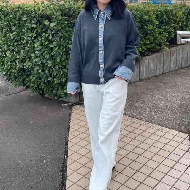 襟デニム切替ニットカーディガン