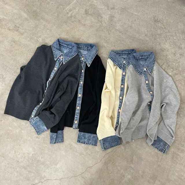 襟デニム切替ニットカーディガン