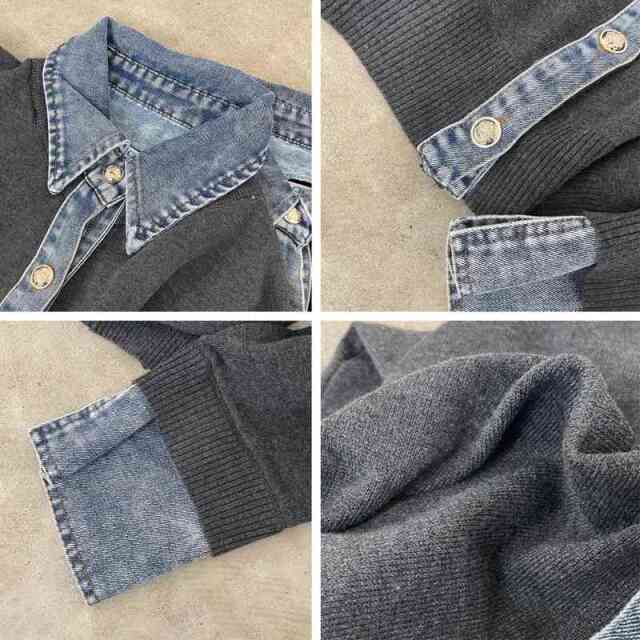 襟デニム切替ニットカーディガン