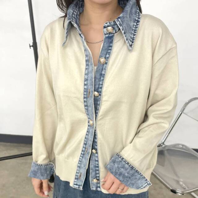 襟デニム切替ニットカーディガン