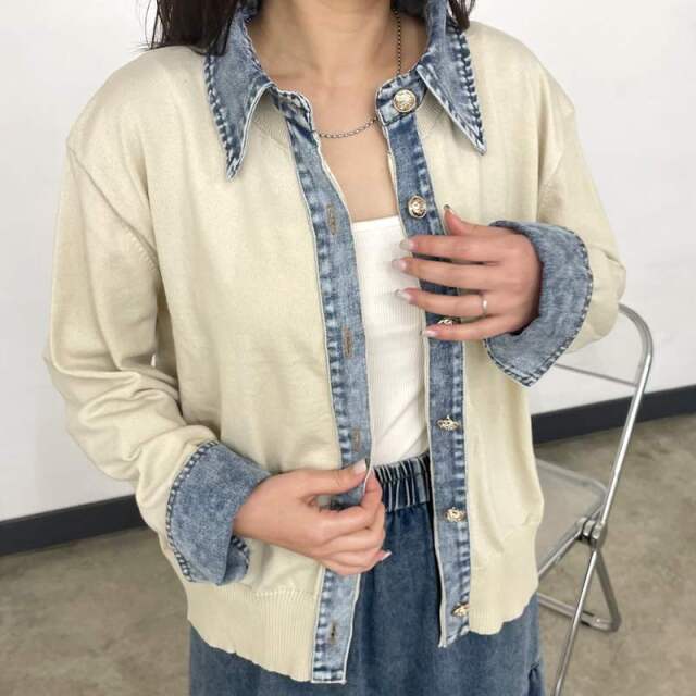 襟デニム切替ニットカーディガン