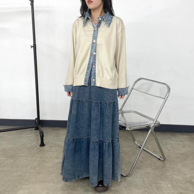 襟デニム切替ニットカーディガン
