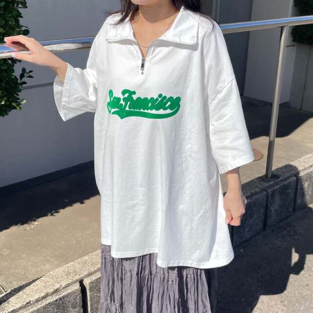 襟付きハーフジップロゴBIGTシャツ