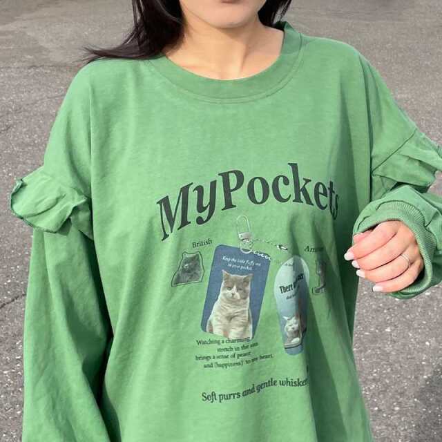 袖フリルネコプリントロンT