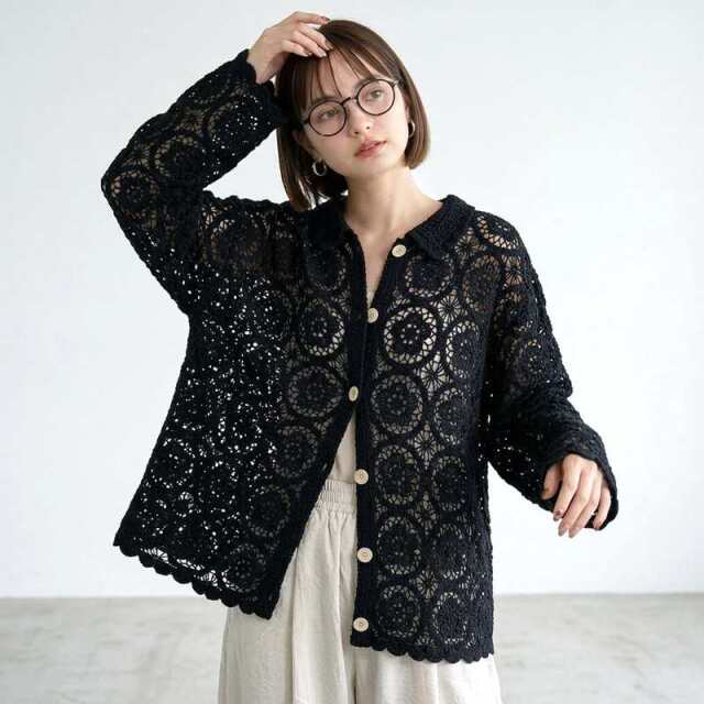 襟付きクロシェカーディガン