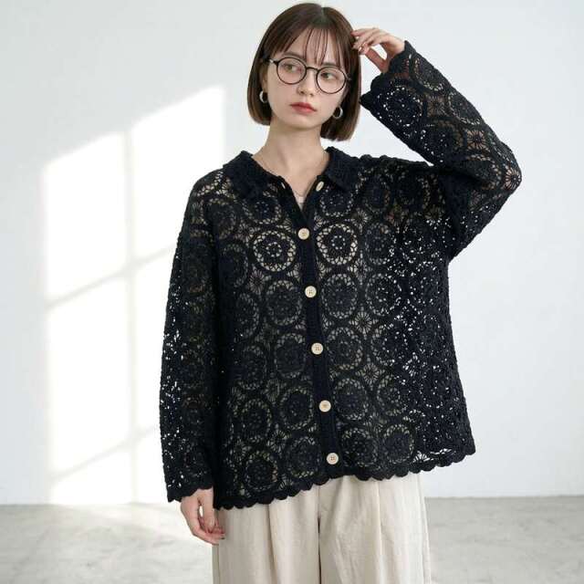 襟付きクロシェカーディガン