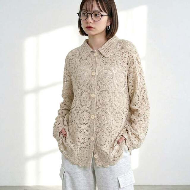 襟付きクロシェカーディガン