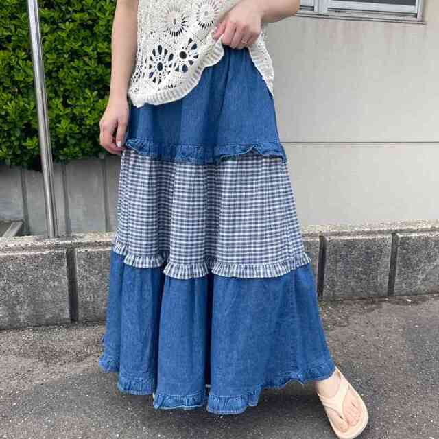 デニムチェック切替スカート