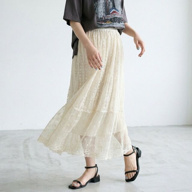 チュールレース切替スカート
