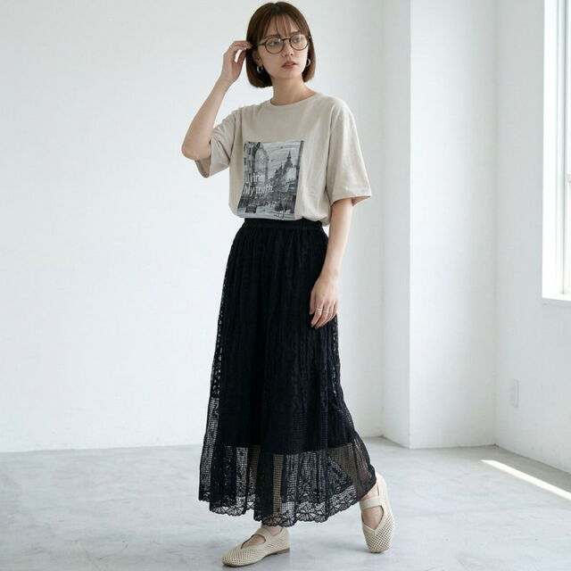 チュールレース切替スカート