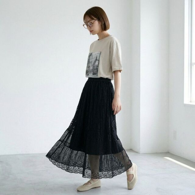 チュールレース切替スカート