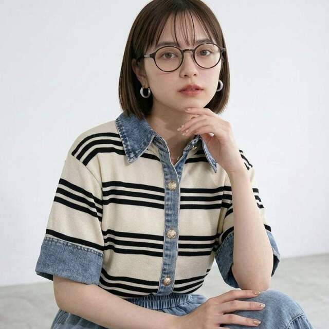 襟デニム切替トップス